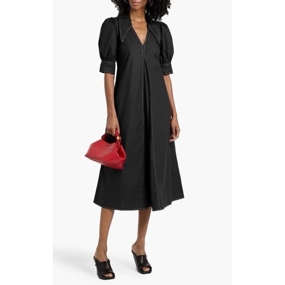 GANNI Black Puff Sleeve Midi Dress White Contrast Stitch Collar V Neck Size 50